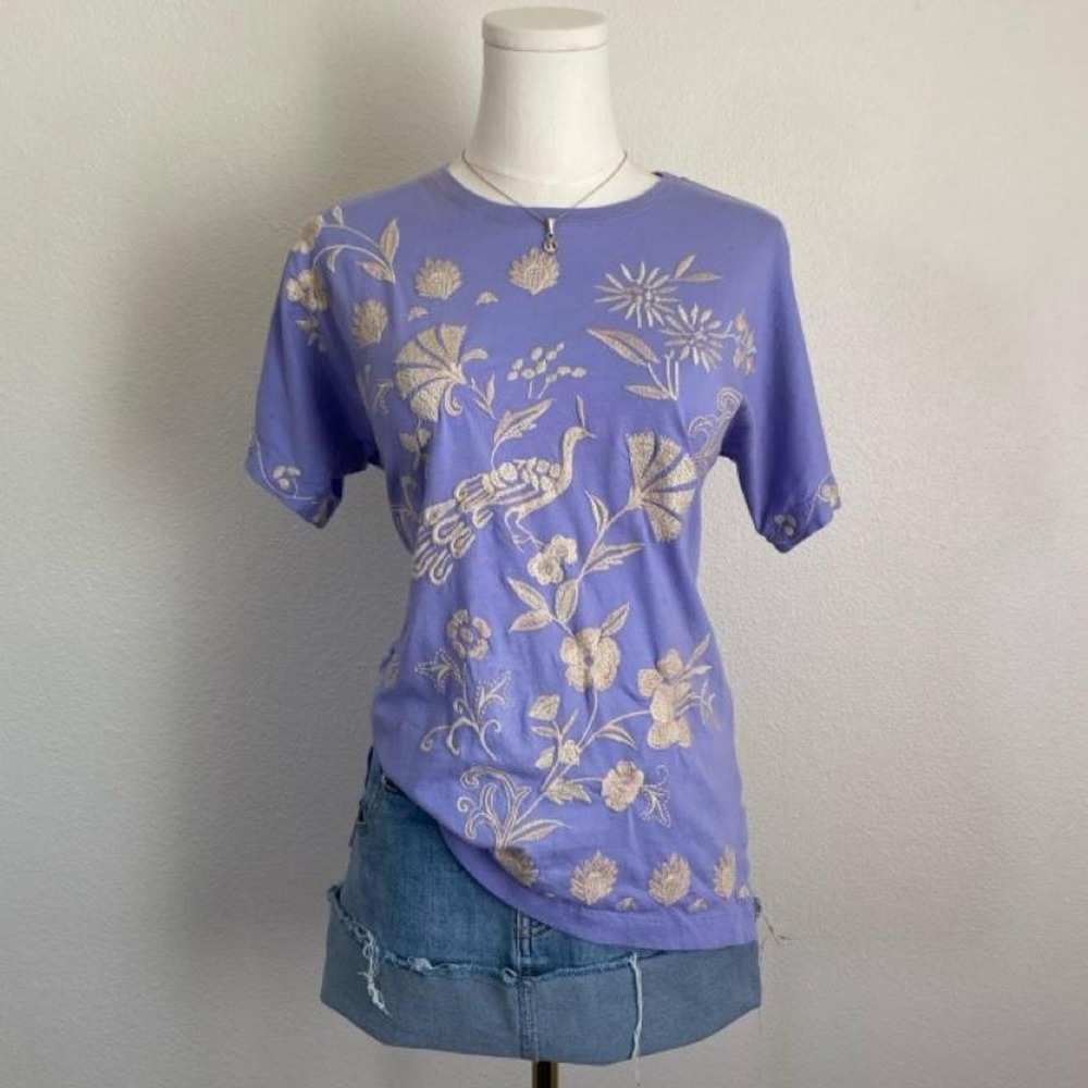 Johnny Was Side Slit Dolman Tee in Persian Violet Floral Embroidery